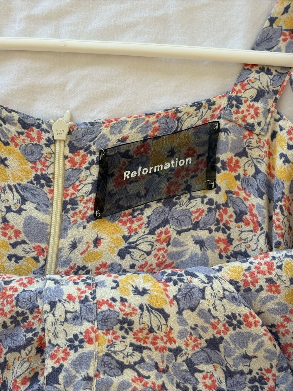 Reformation Floral Midi Dress in Yellow, Blue & Coral Accents